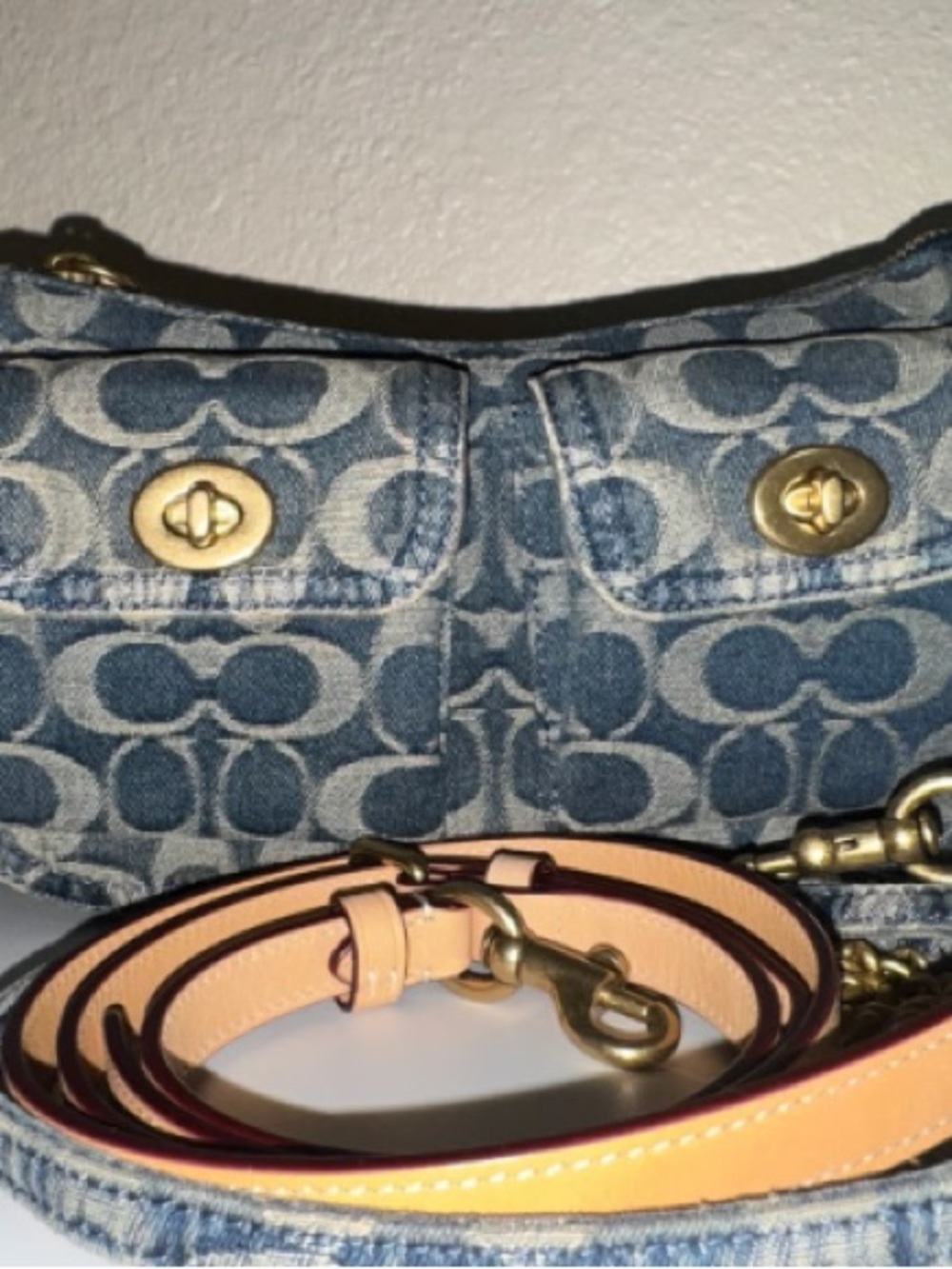 Coach Denim Jacquard Shoulder Bag with Light Tan Strap